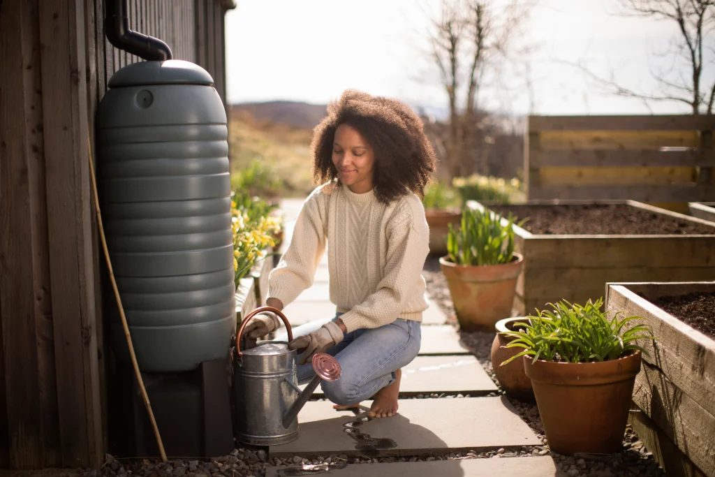 mid-adult-woman-filling-watering-can-from-water-butt