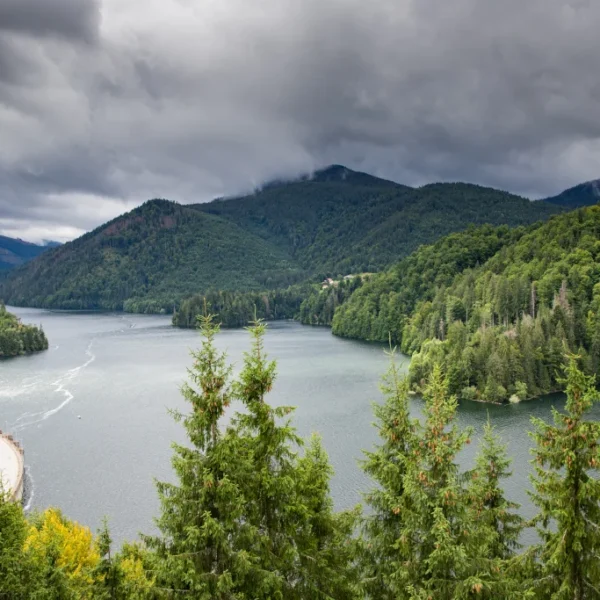 Forested hills around a lake in western Washington under cloudy skies
