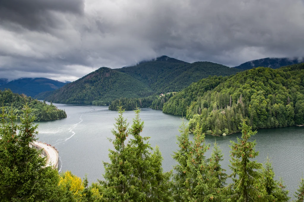 Forested hills around a lake in western Washington under cloudy skies