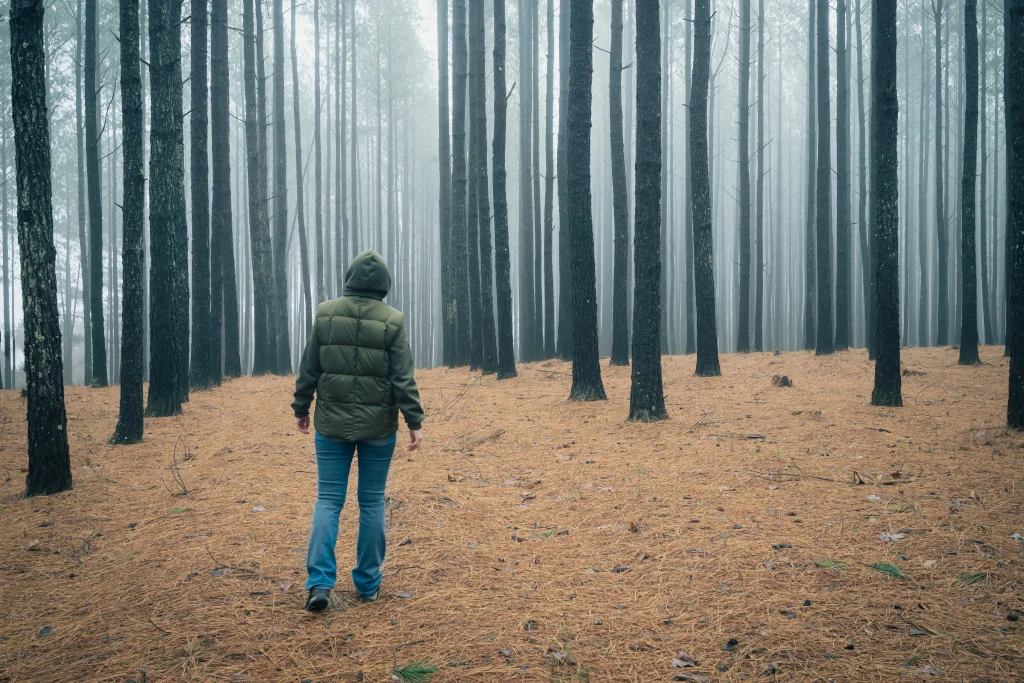 Hiker walking in a foggy pine forest in winter