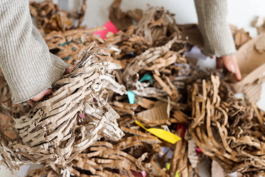 close-up-of-hands-sifting-through-brown-corrugated-paper-and-colorful-scraps