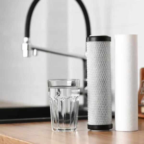 Kitchen faucet beside a glass of water and replacement water filter cartridges