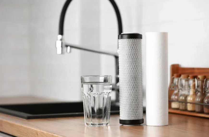 Kitchen faucet beside a glass of water and replacement water filter cartridges