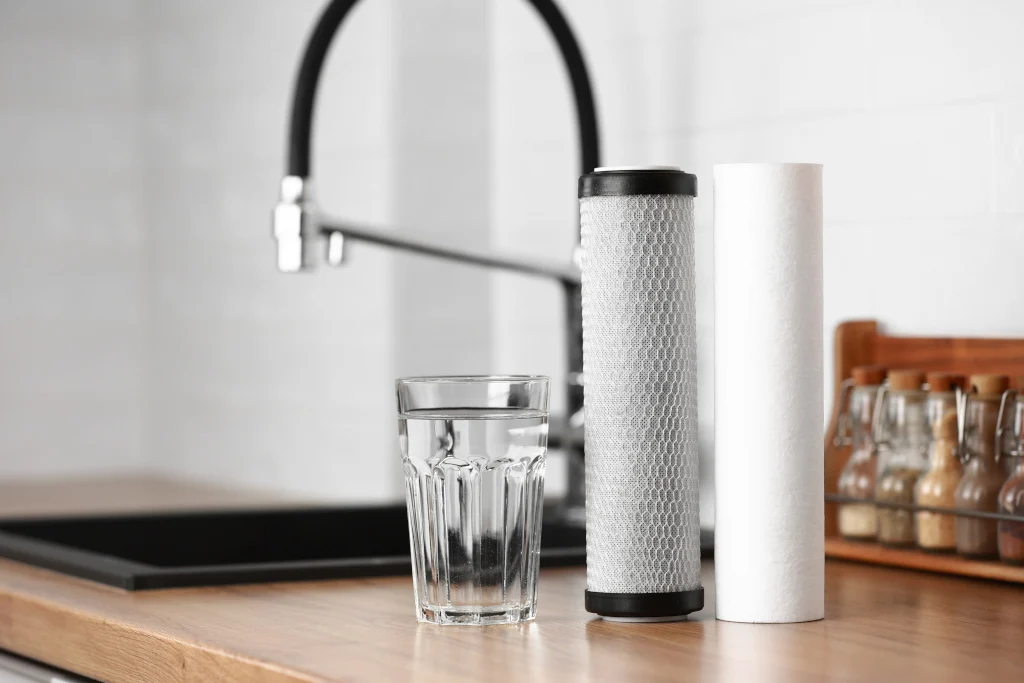 Kitchen faucet beside a glass of water and replacement water filter cartridges