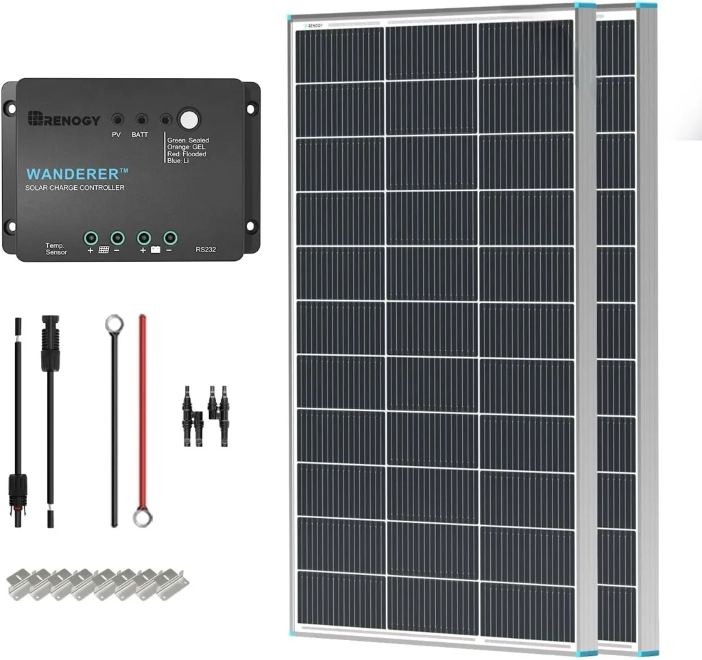 Renogy solar kit with two panels, a Wanderer charge controller and cables