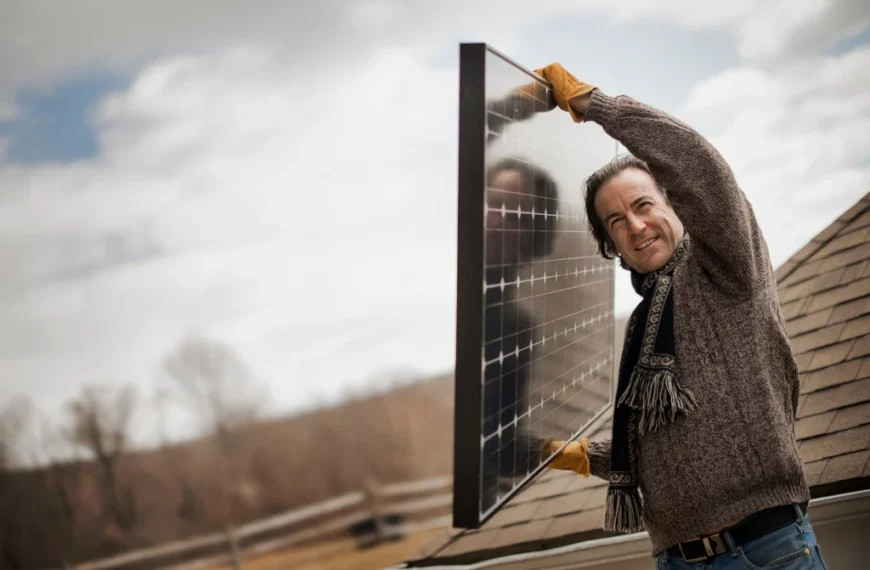 Man carrying a solar panel onto a roof for an off-grid backup system