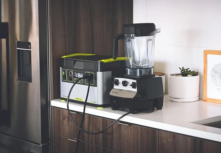 Portable power station running a blender on a kitchen counter