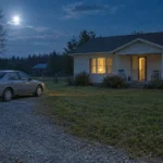Power inverter backup at dusk: a car parked well away from a house, with an extension cord leading to the lit windows