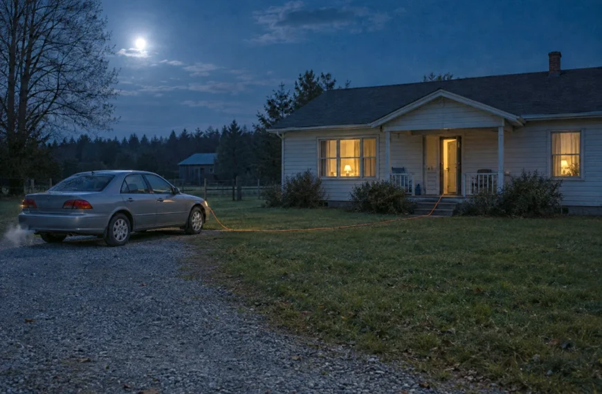 Power inverter backup at dusk: a car parked well away from a house, with an extension cord leading to the lit windows