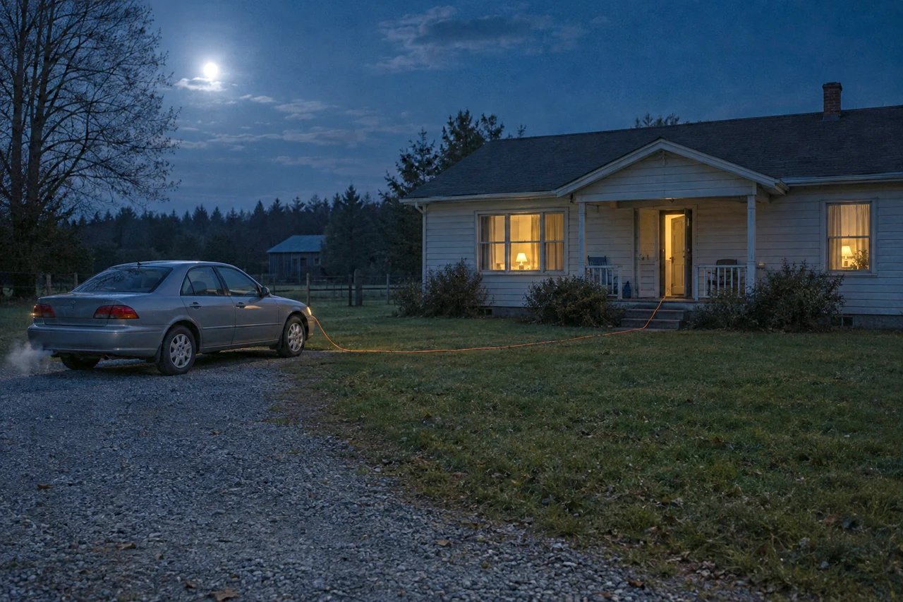 Power inverter backup at dusk: a car parked well away from a house, with an extension cord leading to the lit windows